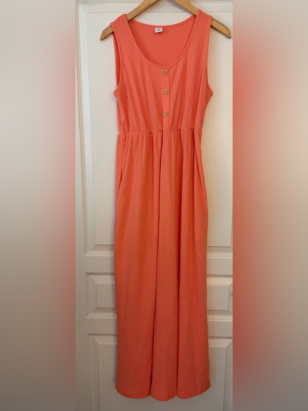 IFFEI Ribbed Sleeveless Coral Maxi Dress with Button Front